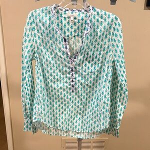 J. Crew Teal and White Floral Blouse